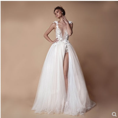 Angel Wedding Dress, Diamond Lace Collar, High Slit Side for Leg Open Back Light Wedding Dress