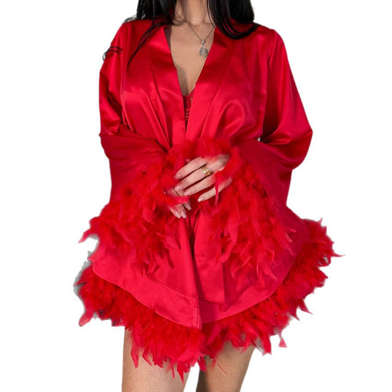 Feather Accent Long-sleeve Luxurious Loungewear