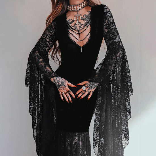 Lace Stitching Velvet Dress Women